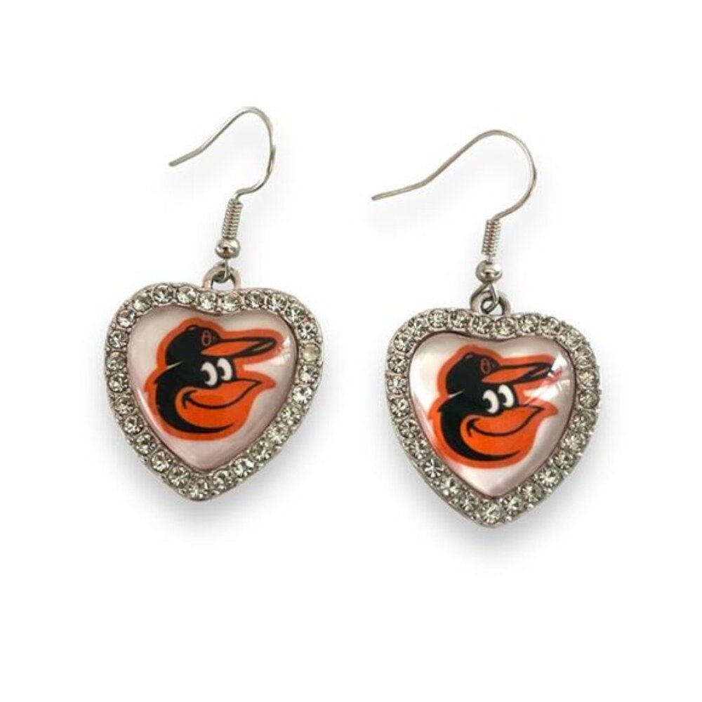 NEW WOMENS BALTIMORE BASEBALL SILVER CRYSTAL HEART EARRINGS DANGLE DROP EARRINGS